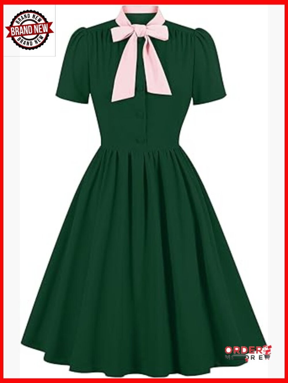 Vintage Rockabilly Retro Short Sleeve Tie Midi Swing Dress Cocktail Party Prom